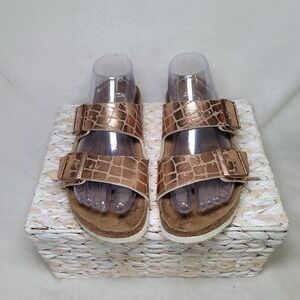Birkenstock Y3K Metallic Slides Indie Arizona Gator Gold Bronze Size 7 Buckle